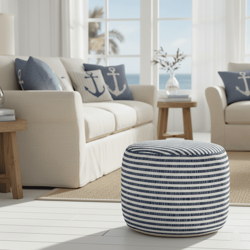 Navy/White Striped Indoor Pouf Ottoman 14x18 Inch - Small Round Footstool
