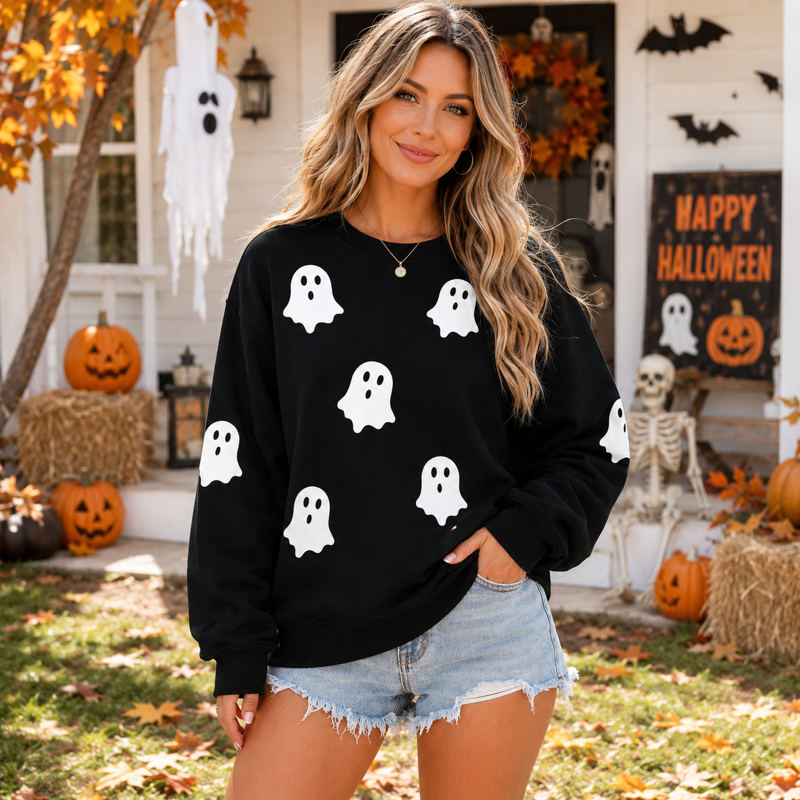 Halloween Ghost Graphic Sweatshirt Women Black XXL Spooky Fall Top