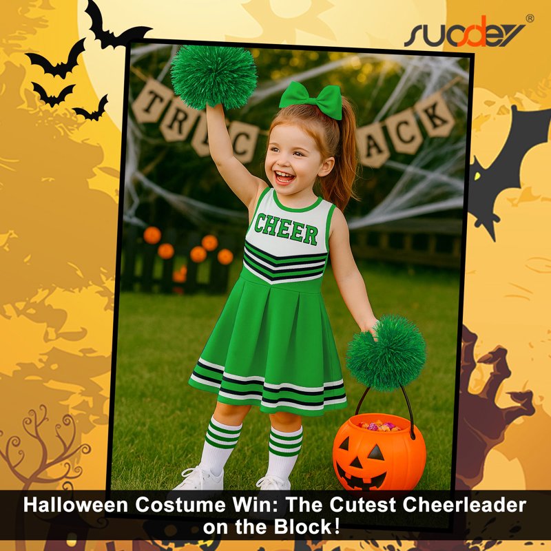 Girls Cheerleader Costume Set - Green, 9-10 Years, Cheerleading Uniform with Accessories