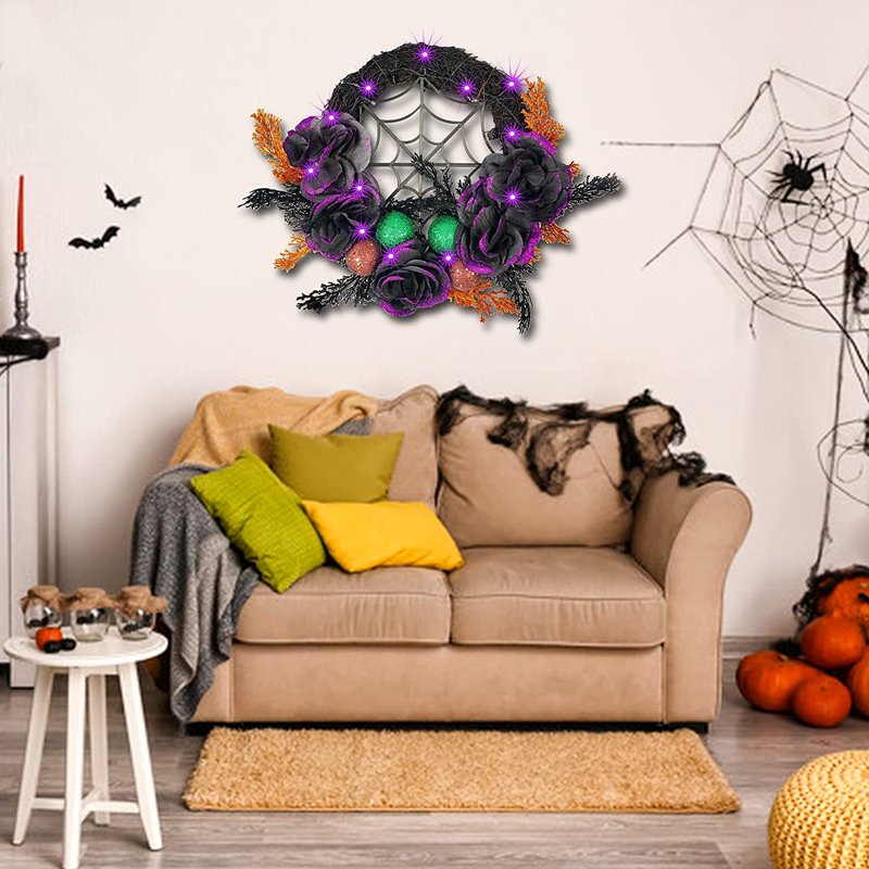Halloween Purple LED Wreath for Front Door - 17.7 Inch Artificial Decor