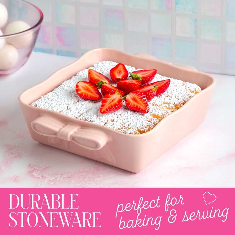 Ceramic Square Baking Dish - 8x8, Oven & Microwave Safe, Pink with Bow Handles