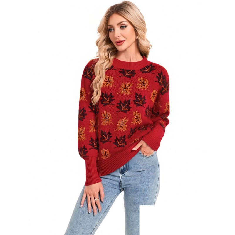 Women’s Y2K Maple Leaves Print Sweater - Red S Crewneck Fall Winter Knit Pullover