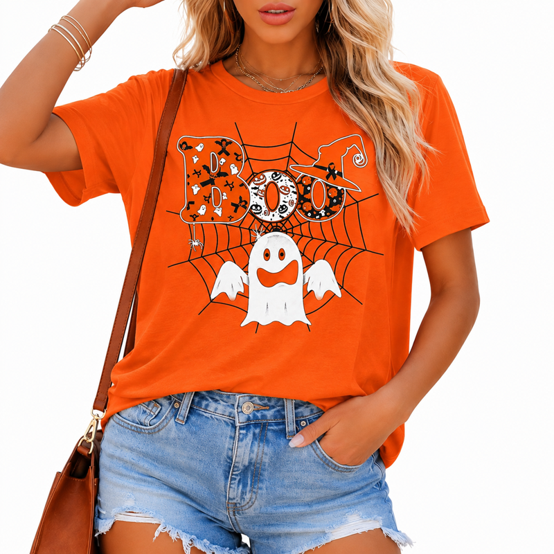 Women Halloween Boo T-Shirt Orange M Ghost Pumpkin Spider Graphic Crew Neck