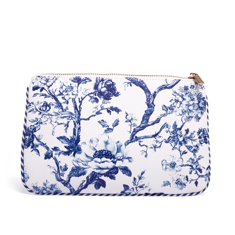 Blue Toile Large Zipper Pouch - Chic Organizer for Travel & Essentials