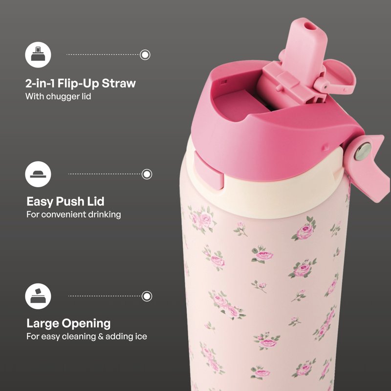 32oz Stainless Steel Water Bottle with Straw & Chug Lid - Pink Flowers
