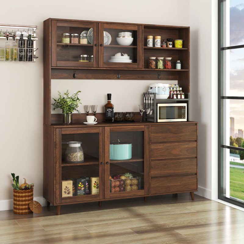 Large Kitchen Hutch Cabinet with 4 Doors & 4 Drawers - Walnut