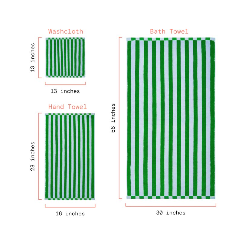 Bath Towel Set 6-Piece Cotton Towels with Stripe Hem - Green