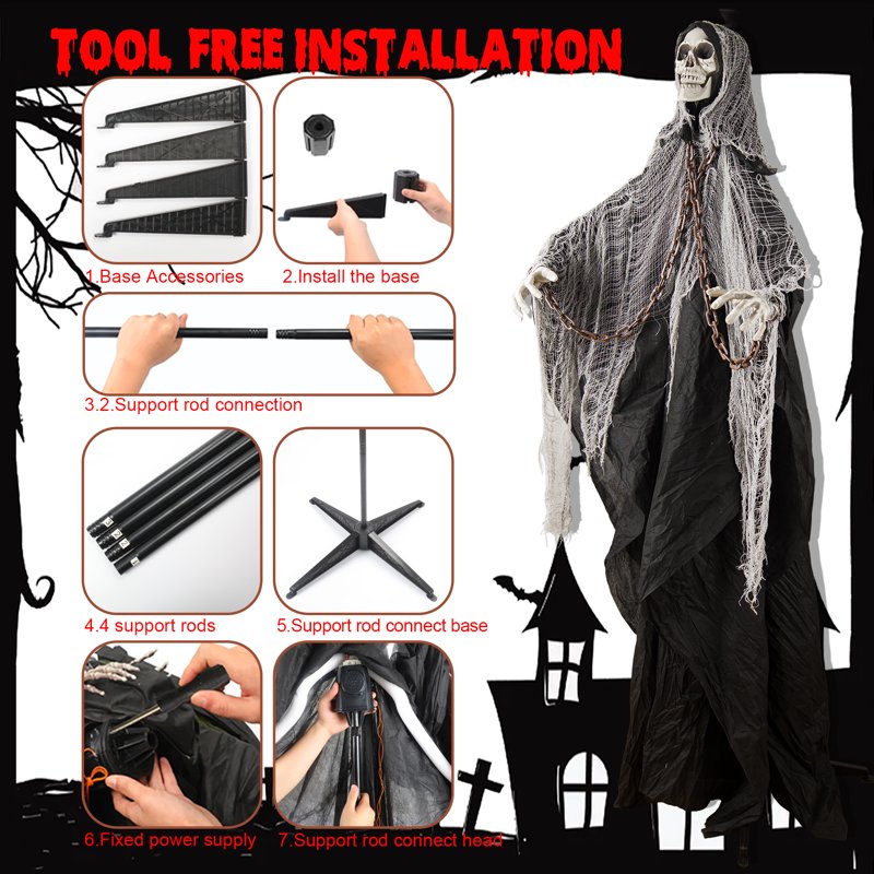 6ft Ghost Skeleton Halloween Outdoor Decor - Sound-Activated Porch Yard Decoration, Grey