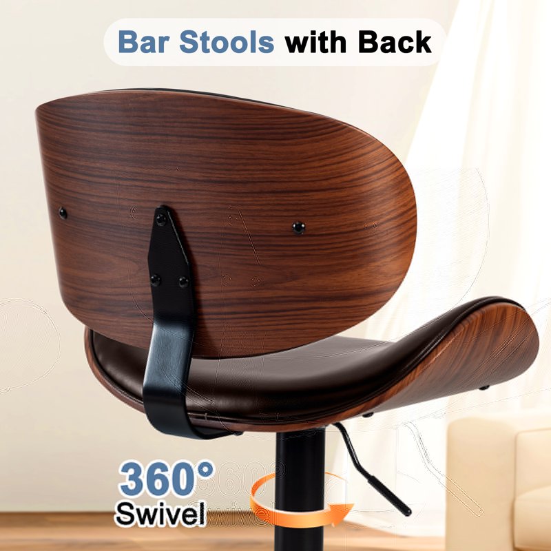 Adjustable Swivel Bar Stool - Brown PU Leather, Bentwood Design
