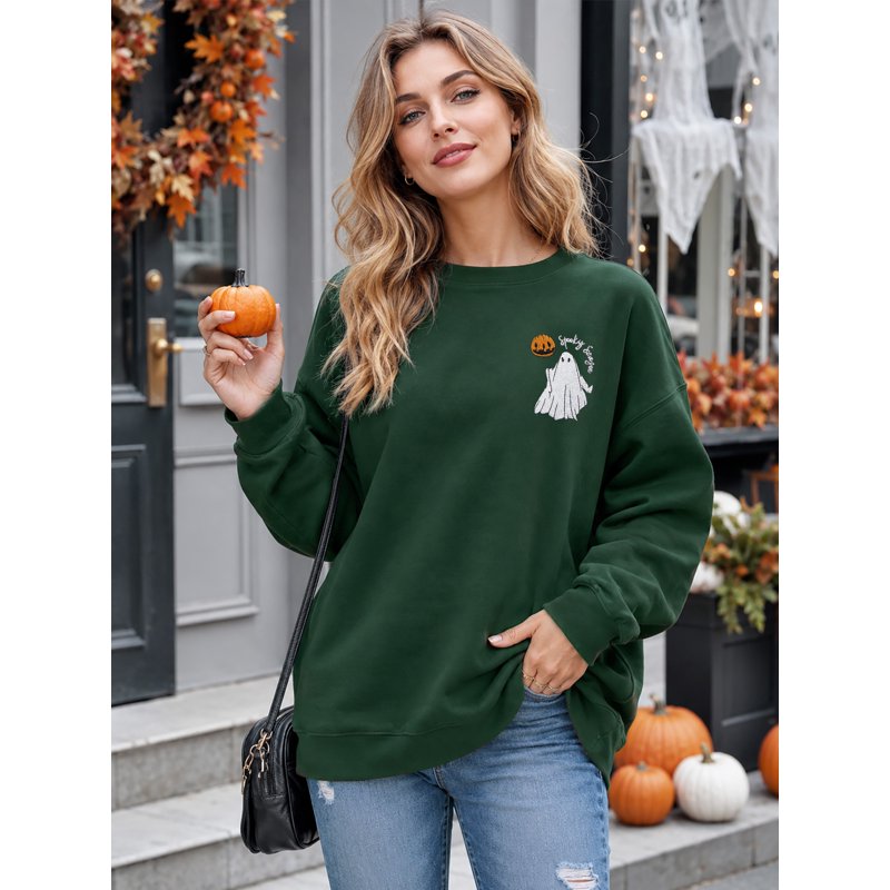 Dark Green Halloween Sweatshirt Women Spooky Season Ghost Pumpkin Pullover XXL