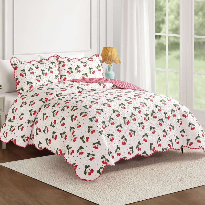 Cherry Reversible Quilt Set Twin XL - All Ages, Scalloped Edges, Soft Polyester