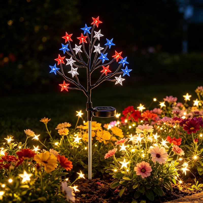 Patriotic Solar Garden Lights - 2 Pack 4th of July Red White Blue Star Outdoor Decor G