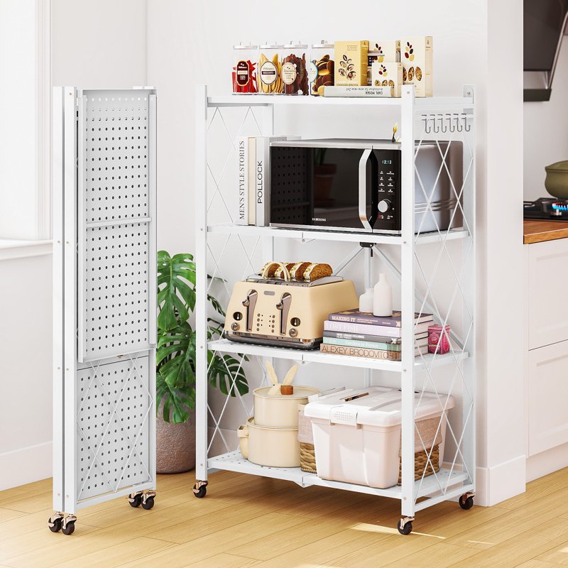 White 4-Tier Foldable Metal Storage Shelf with Wheels - Heavy-Duty Organizer