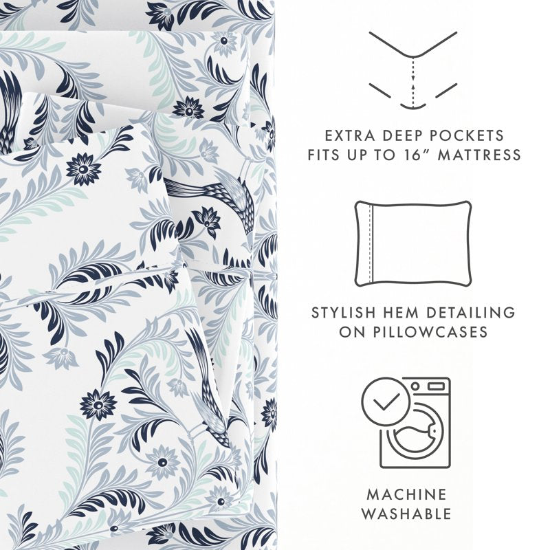 Queen Microfiber Bed Sheets Set with Floral Pattern - Navy Garden Estate