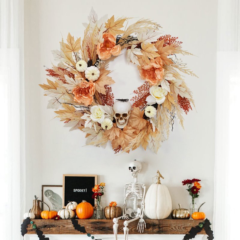 Prelit Halloween & Fall Wreath 22 Inch with Pumpkin, Bone & Maple Leaves