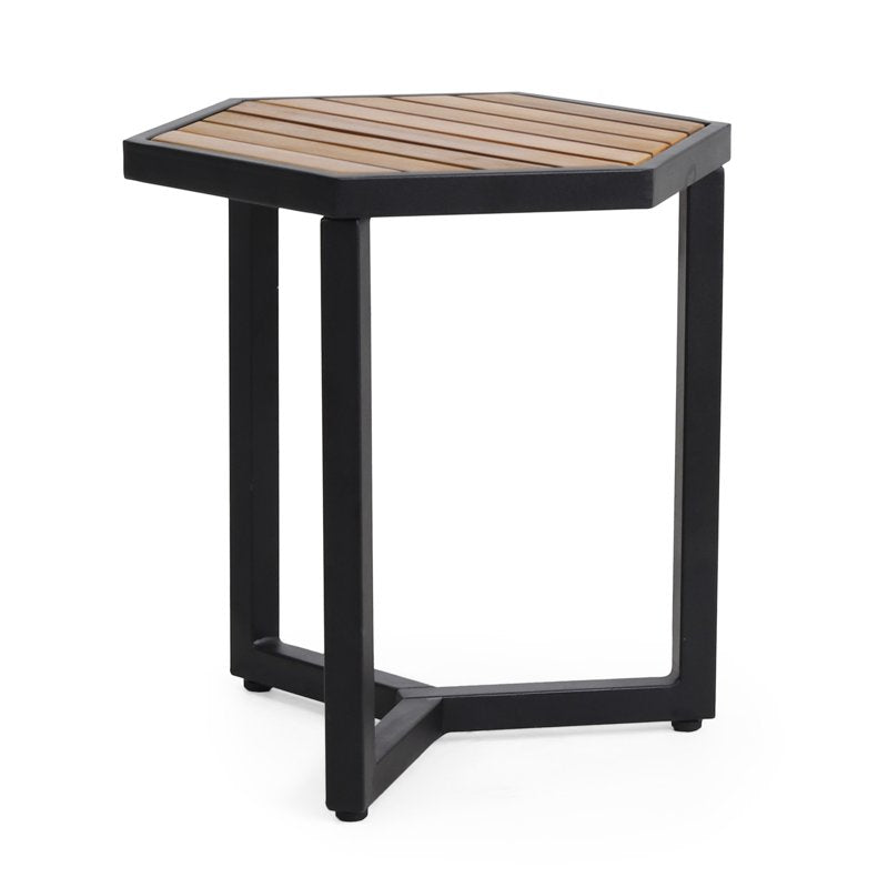 Acacia Wood Outdoor Side Table - Teak & Black Hexagonal Design