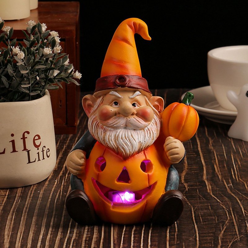 Luminous Pumpkin Gnome Ornament - Resin Halloween Garden Statue #354C