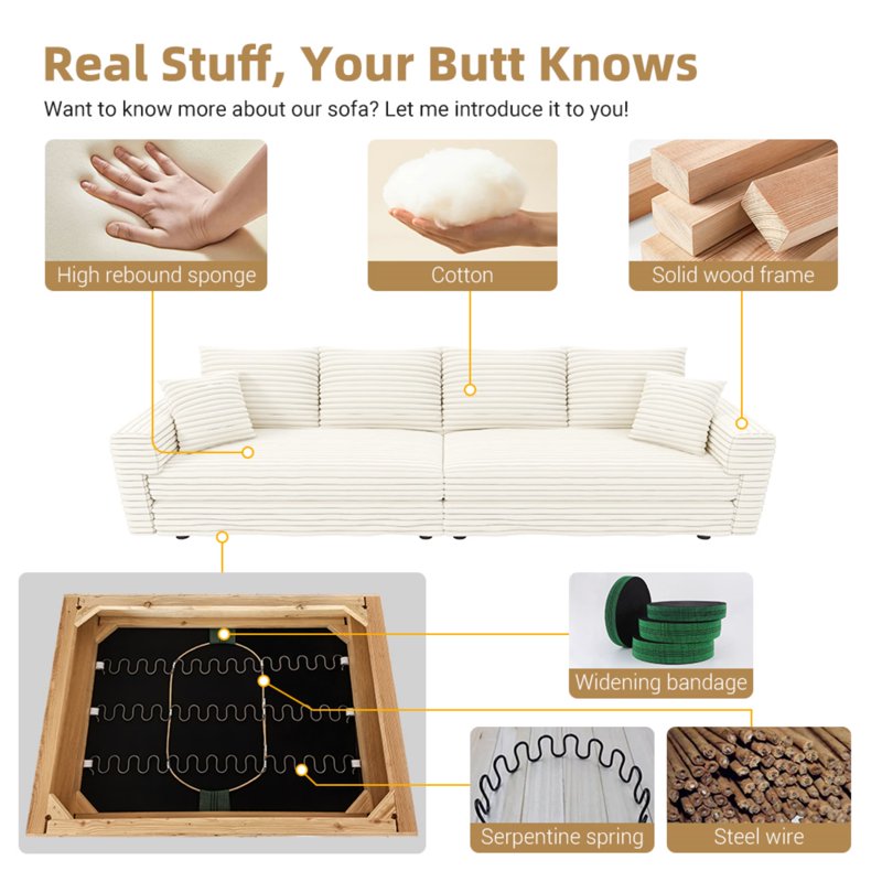 104.3-Inch Plush Corduroy 4-Seat Sofa - Cloud-Like Comfort