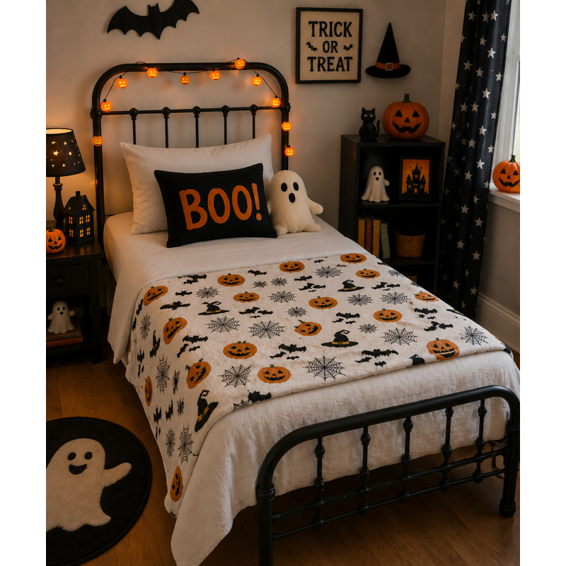 Halloween Throw Blanket - Haunted Plush Velour with Jack O Lanterns & Spiders - Haunted Fun