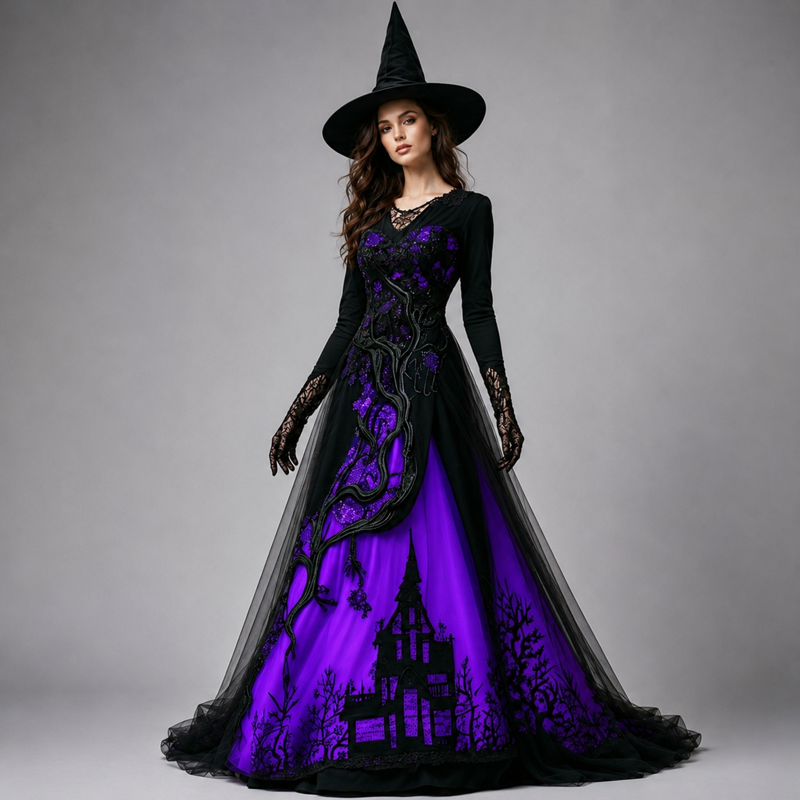Women's Gothic Halloween Dress - Thorn Pattern Lace Chiffon Maxi Costume - Purple 2XL