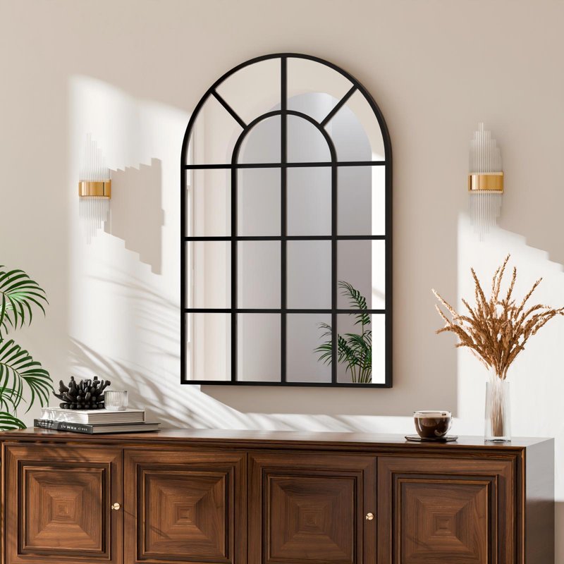 24x36 Arched Windowpane Mirror Wall Mirror Bathroom Mirror Black - Modern Decor