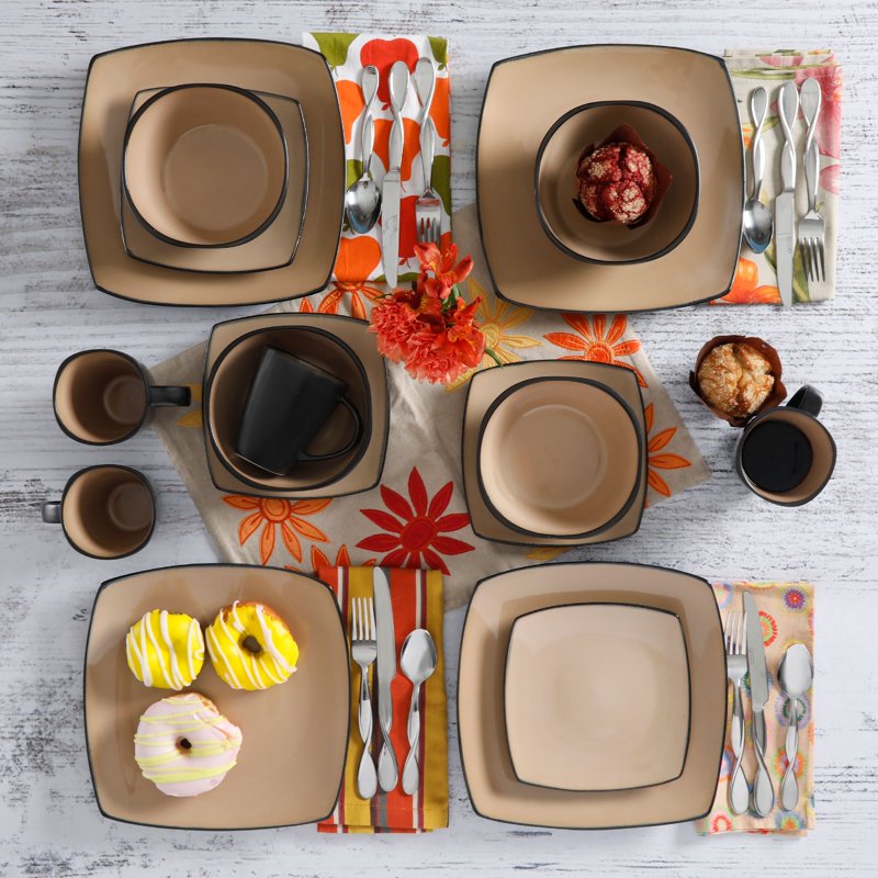 16-Piece Square Dinnerware Set - Taupe Stoneware