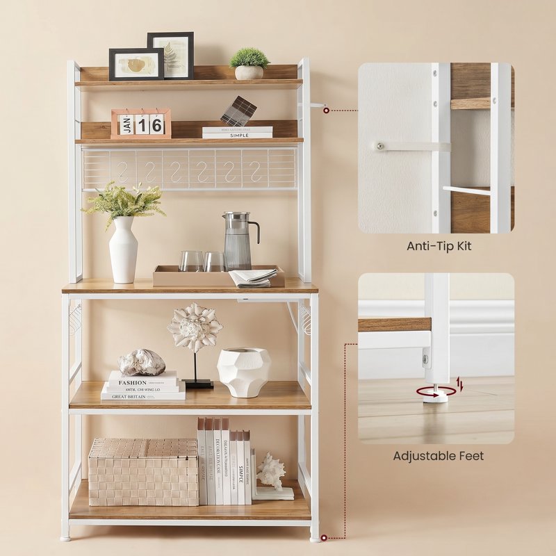 Tall Bakers Rack with Power Outlet - Rustic Walnut & White