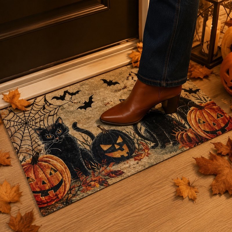 Halloween Door Mat Black Cat B - 24x16 inch Non Slip Entryway Rug