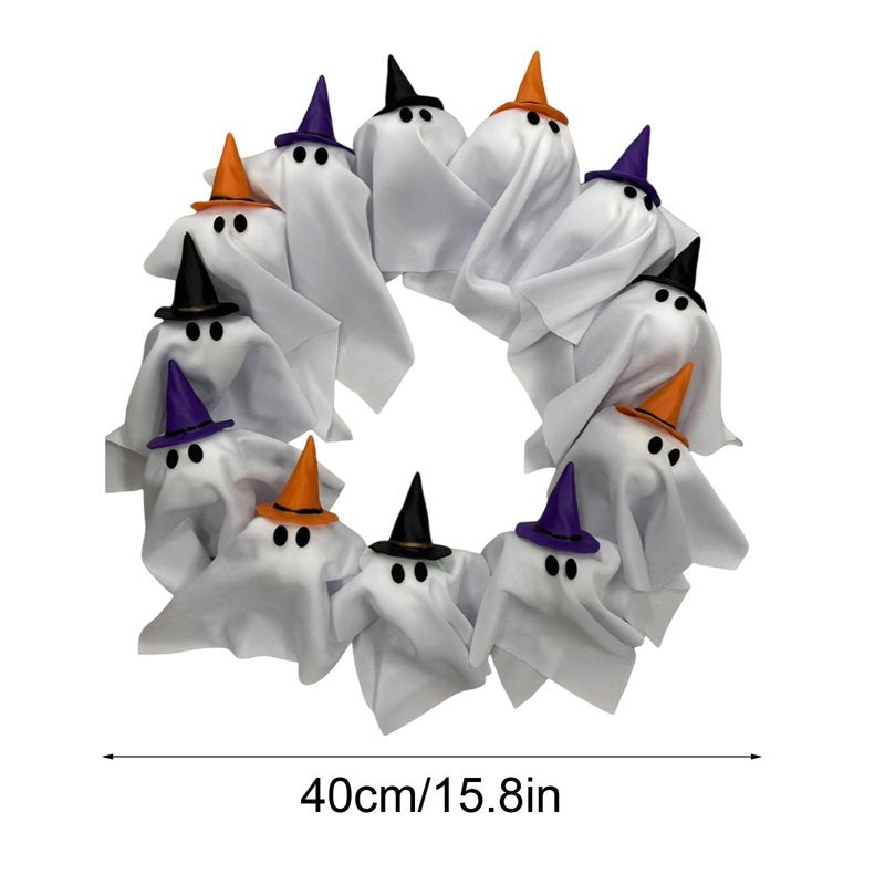 15.7-inch LED Light-Up Ghost Wreath with Witch Hats for Halloween Front Door Decor