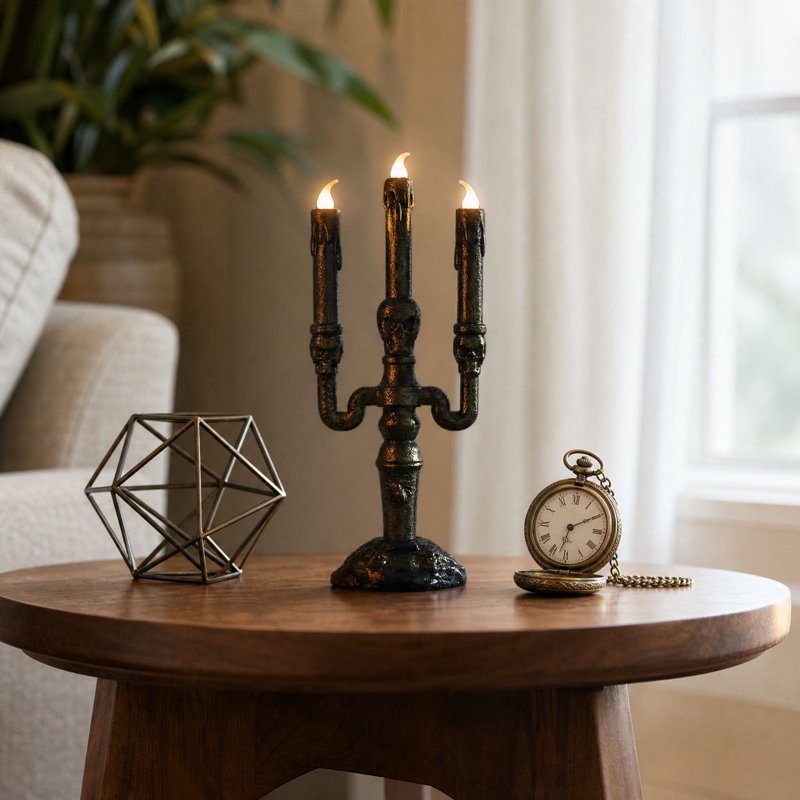 Halloween Skeleton Candle Lamp - Gold Frame Flickering Electronic Light - Variation #325as Show