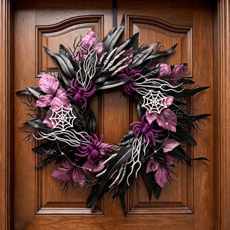 Halloween Black and Purple Wreath with Spider Web & LED Lights - 21.6 Inch Indoor/Outdoor Door Wall Decor