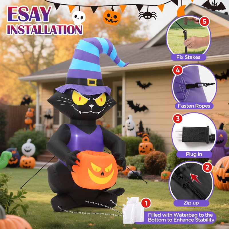 Inflatable Halloween Black Cat with Glowing Jack-o'-Lantern & Witch Hat, 6ft Outdoor Decor