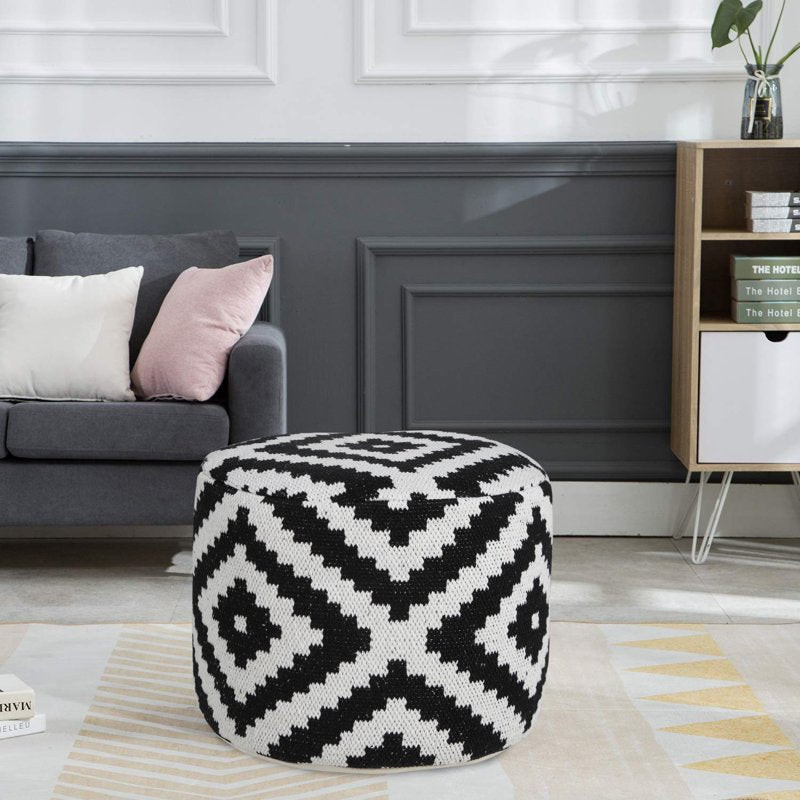 Small Indoor Diamond Pouf Ottoman - Black and White, 18x18x14 Inches - Home Decor