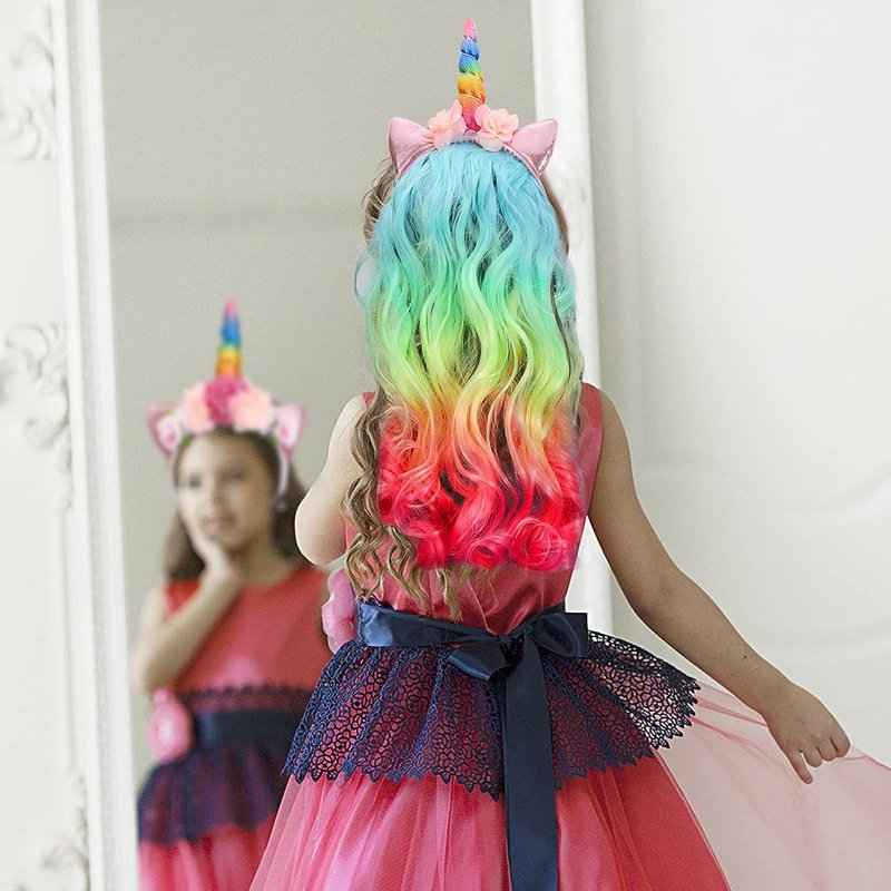 Unicorn Headband with Curly Hair Piece for Girls - Rainbow Party Hair Accessories - Variation of THIS listing