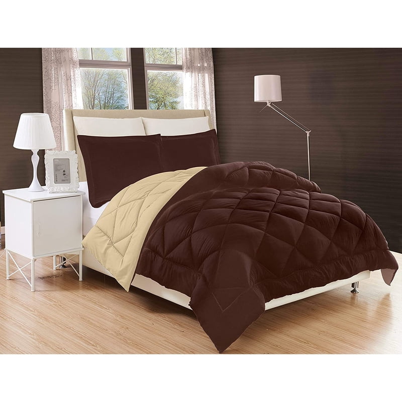 King Reversible Comforter Set - Cream & Brown, Luxury Microfiber Bedding