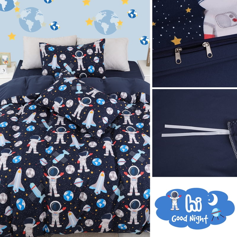 Kids Duvet Cover Bedding Set Queen Size - Astronaut Rocket Pattern, Breathable Microfiber