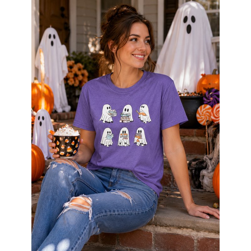 Women's Halloween Ghost Book Worm Graphic Tee - Purple XL