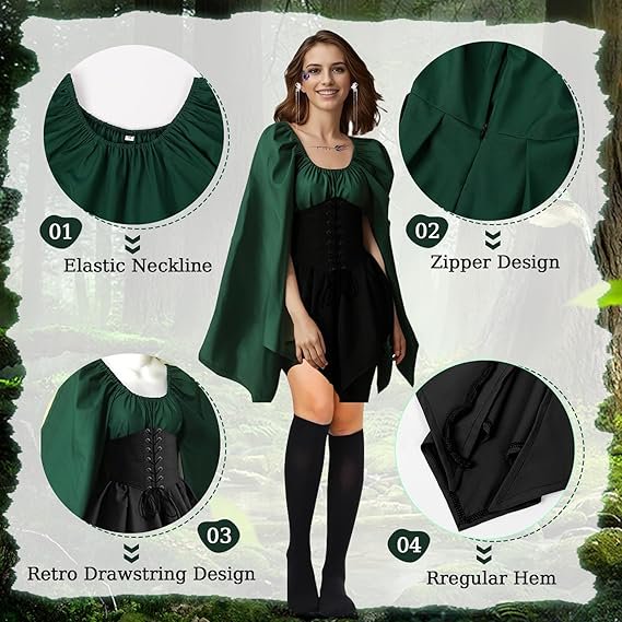 Women Elf Costume Set with Medieval Dress, Elf Ears, Crown & Stockings - Size L