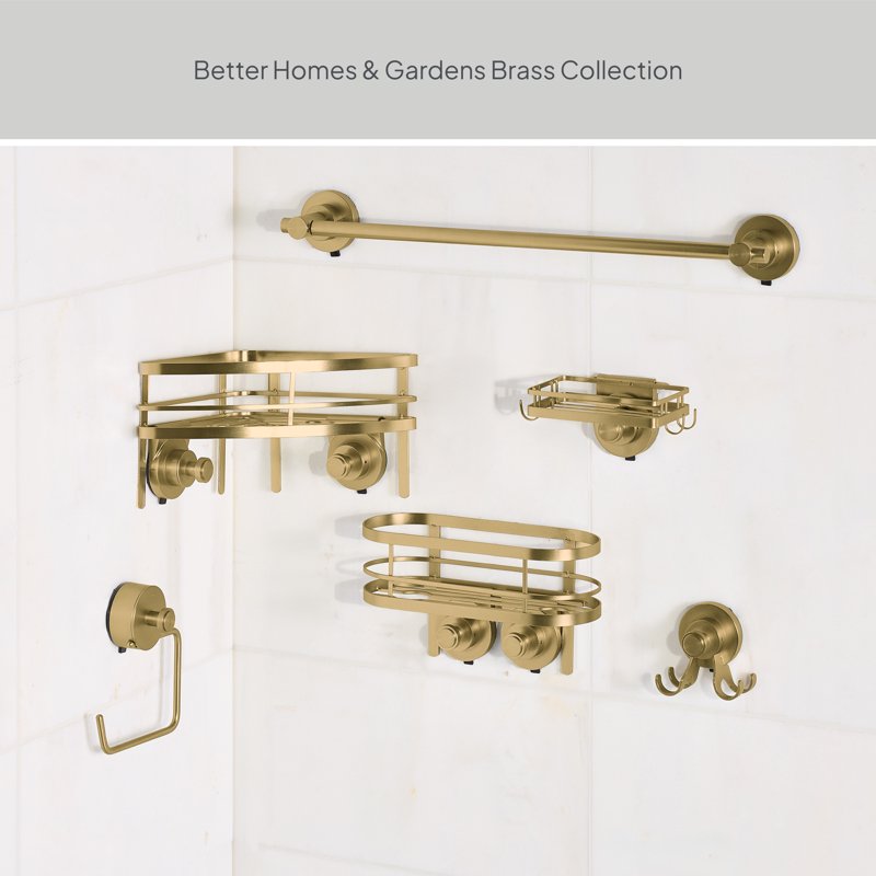 Better Homes & Gardens StyleGrip™ Suction Mount Towel Bar with Hooks - Brass, 18 or 24 Inch
