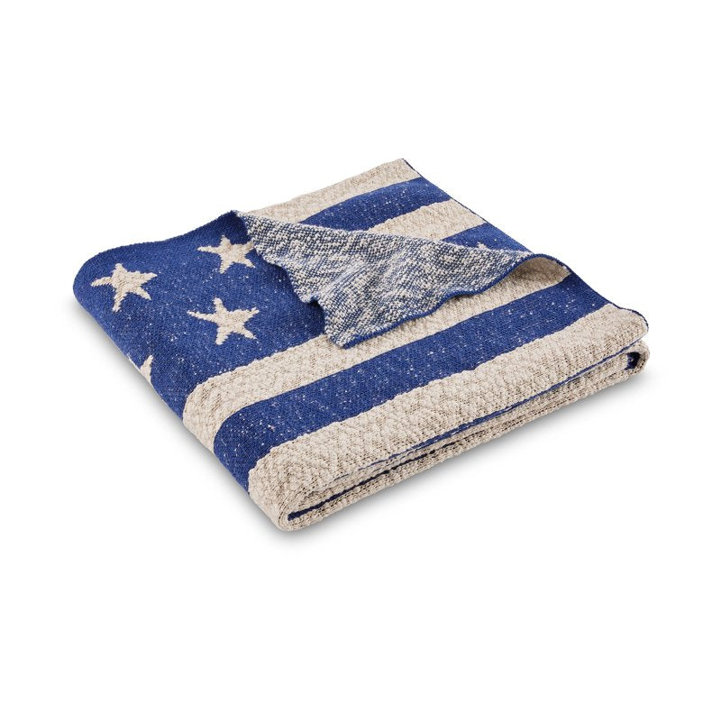 Lanwood Home Americana Summer Knitted Throw Blanket - Blue Star Stripe, Oversized USA Flag