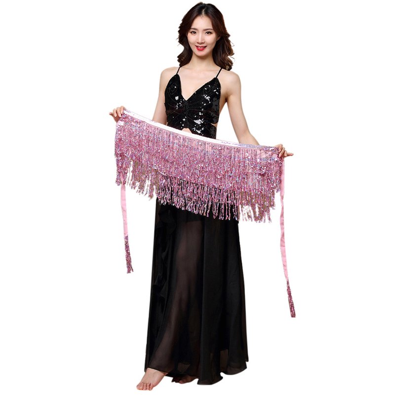 Pink Plus Size Belly Dance Skirt with Sequins Tassels Bead Belt for Women