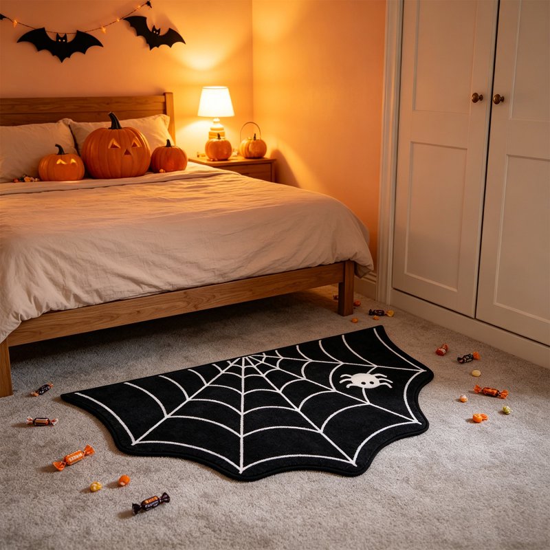 Halloween Spiderweb Doormat - Irregular Black Non-Slip Entrance Rug for Indoor Outdoor Front Door Decor