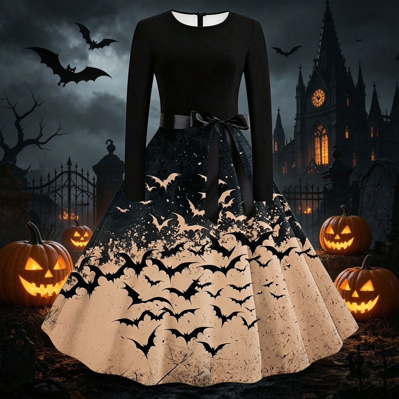 Women's Vintage Halloween Bat Print Swing Dress - Khaki XL Retro Gothic Midi