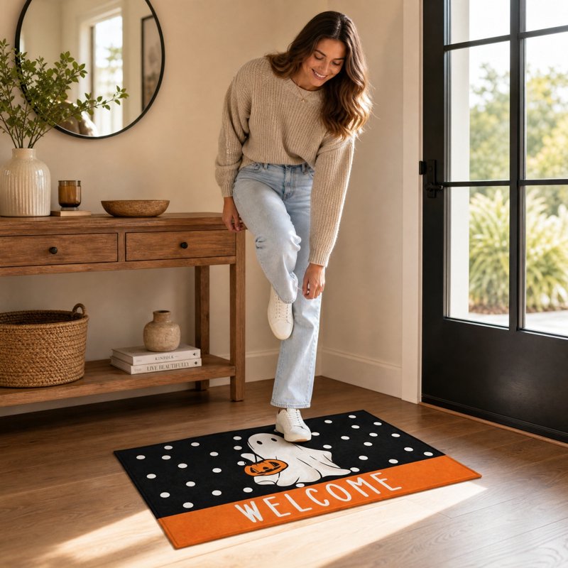 Halloween Doormat 32x20in Ghost Pumpkin Welcome Mat Indoor Front Door Decor - Dirt-Resistant