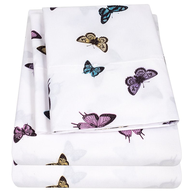 Kids Microfiber Sheet Set - Butterflies Twin XL, Ultra Soft Fitted Sheets with Straps