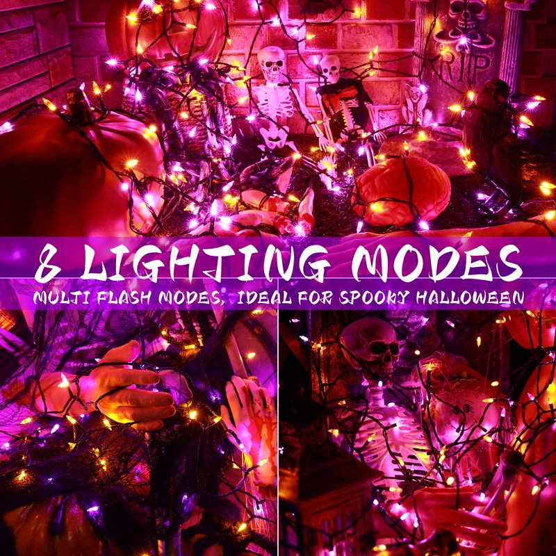 Halloween String Lights 33ft 100 LED Waterproof Indoor Outdoor Lights with 8 Modes - Orange & Purple