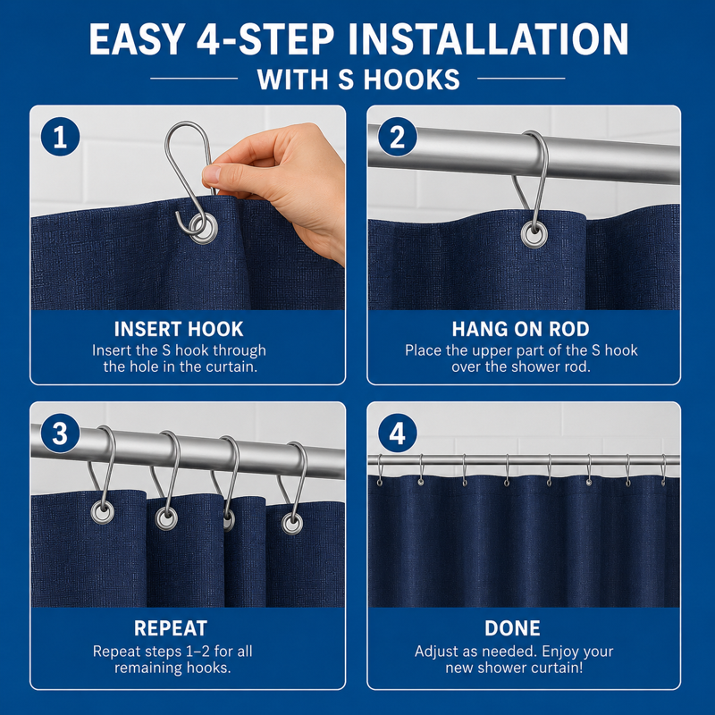 Navy Checkered Bathroom Set with Shower Curtain, Hooks, and Bath Rugs - 15 Pieces
