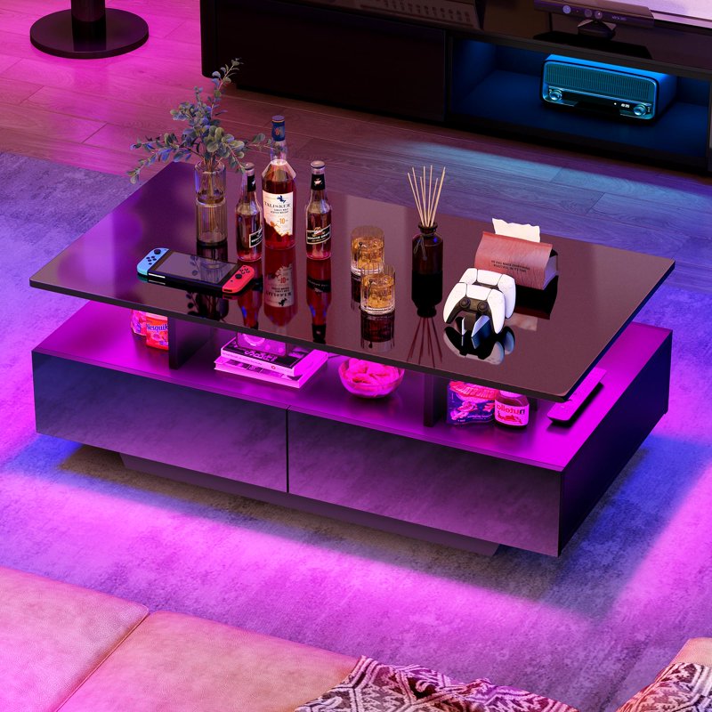 Modern Coffee Table with LED Lighting and Storage - Black