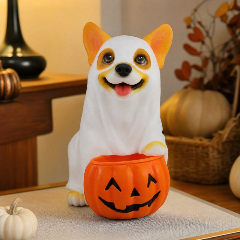 Halloween Ghost Dog Pumpkin Candy Bucket - Resin Corgi Figurine with Handle, 9.84in - Variation #029
