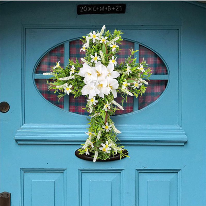 Easter Front Door Wreath Cross - Rustic Farmhouse 19.7 Inch Easter Decoration - Variation D